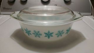 Rare Old Vintage Pyrex Turquoise Snowflake 1 1/2 Quart Casserole Dish & Lid 043