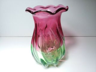 Vintage Teleflora Gift Cranberry Pink And Green Hand Blown Glass Vase