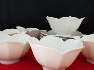 Vtg Set Of 6 White Porcelain 4 1/2 " Lotus Rice Soup Bowls & Saucers 5 1/2 "