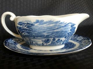 Vintage Liberty Blue Staffordshire Ironstone Gravy Boat And Underplate