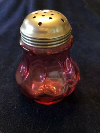 Vintage L.  G.  Wright Glass Cranberry Opalescent Glass Thumbprint Sugar Shaker