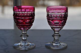 2 Val St.  Lambert Blarney Ruby Cranberry Cut To Clear Cordial Glasses