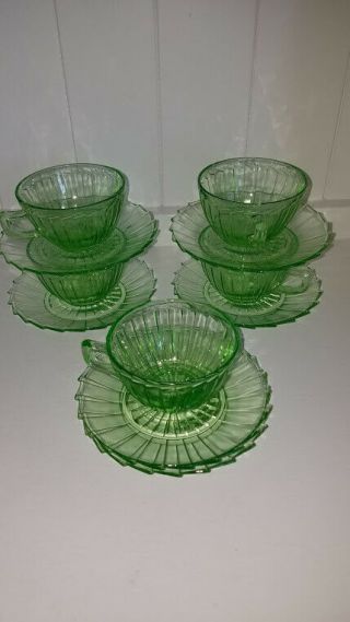 Vintage Jeanette Sierra Pinwheel Green Depression Glass Cups And Saucers,  Uraniu