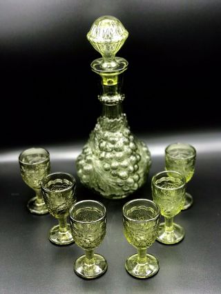 Vintage Imperial Grape Carnival Glass Wine Decanter Set With 6 Glasses