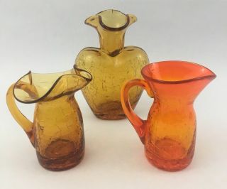 3 Vtg Amber Orange Crackle Art Glass Creamer Vase Blenko?
