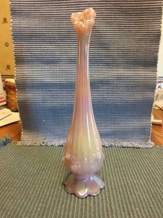 Stunning Fenton Pink Iridescent Glass Flower Vase With Cabbage Roses Pattern