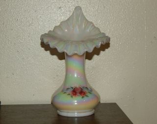 Fenton Jack In The Pulpit Vase Iridescent Mother Of Pearl Hand Painted & Signed