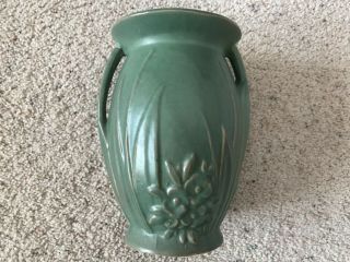 Vintage Mccoy Matte Green 2 Handle Vase Leaves Flowers Unmarked