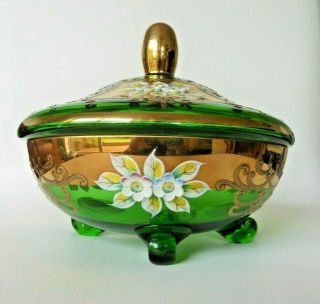 Vintage 6 Inch Bohemian Glass Lidded Candy Dish With Feet Gilding & Flowers