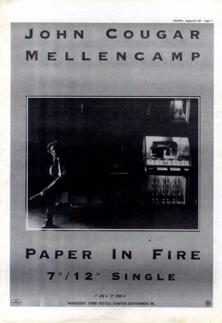 29/8/87pg17 Single Advert 15x10 " John Cougar Mellencamp,  Paper In Fire