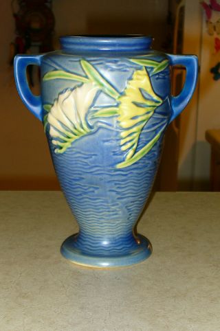 Large Blue Freesia Authentic Roseville 8 1/2 Inch Vase