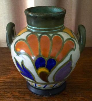 Vintage Metz Royal Gouda Vase W/ Handles - Green,  Orange,  Yellow & Cobalt