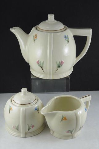 Vintage Porcelier Vitreous China Tea Pot Sugar Creamer Embossed Flowers