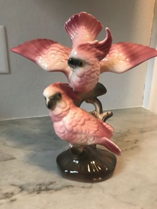 Cockatoos On Branch Figurine Tree Limb Pink Vintge Ceramic Maddux Of California?