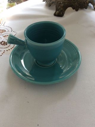 Vintage Fiesta Ware Pottery Early Demitasse Stick Handle Cup & Saucer Turquoise