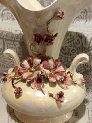 Vintage Rare Capodimonte Double Handle Pearl Glaze Vase Centerpiece Gold Trim 3