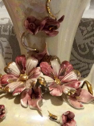Vintage Rare Capodimonte Double Handle Pearl Glaze Vase Centerpiece Gold Trim 6