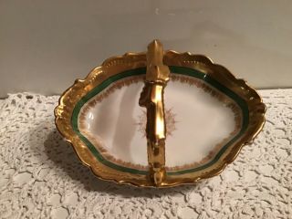 Antique 1890’s Limoges B&h Porcelain Basket Heavy Gold Handle & Rim Green Band