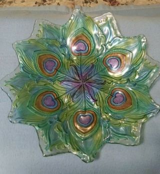 18” Peacock Feather Tiffany Style Stained Glass Platter.  Beautifully Designed