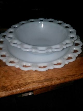 Large Vintage Scalloped Edge Filigree Milk Glass Platter Tray And Bowl