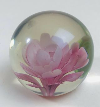 Vintage Art Glass Paperweight Pink Flower Green Leaves 3” Not Signed No Chips