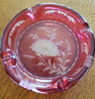 Vintage Czech Bohemian Ruby Red Cut To Clear Floral Ashtray 8 " Diameter Antique
