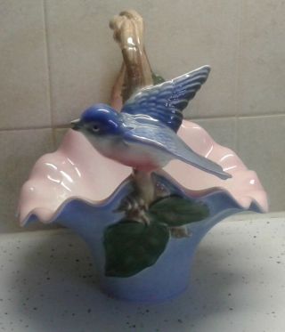 Vintage Ball Brothers California Pottery Pink Basket With Blue Bird
