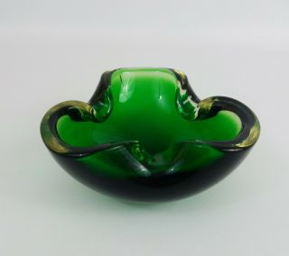 Vintage Mid - Century Murano Green Glass Ashtray Dish Bowl