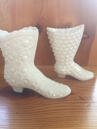 2 Vintage Hobnail Heel Shoe Fenton Cowboy Boot Cute White Milk Glass