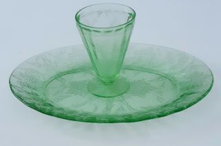 Depression Glass Jeannette Poinsettia Green Oval Platter & Footed Tumbler Vtg