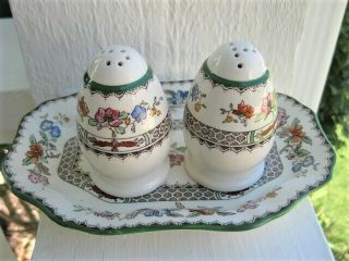 Spode Chinese Rose Porcelain Salt & Pepper Shakers W/tray Old Brown Stamps