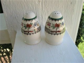 Spode Chinese Rose Porcelain Salt & Pepper Shakers W/Tray Old Brown Stamps 2