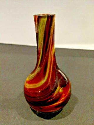 Vintage Hand Blown Art Glass Bottle Bud Vase Red Maroon Yellow Swirl