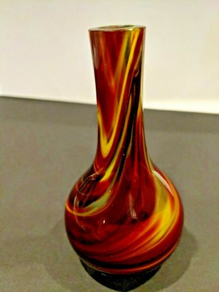 Vintage hand blown art glass Bottle Bud Vase Red Maroon Yellow Swirl 2