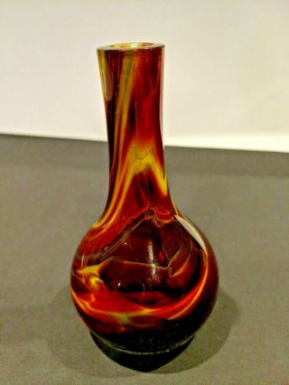 Vintage hand blown art glass Bottle Bud Vase Red Maroon Yellow Swirl 3