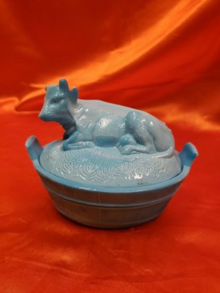 Antique Blue Milk Glass Cow Covered Candy Dish Very Cute