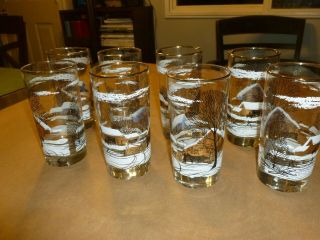 (8) Winter Farm Scene Drinking Water Juice Glasses Gold Rim 5 1/2”