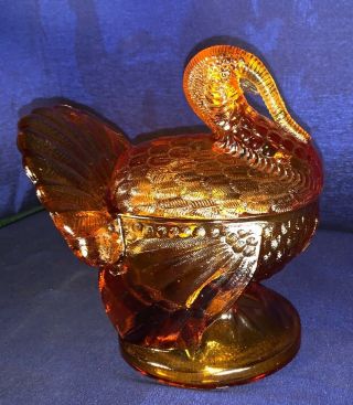 Vintage Le Smith Amber Glass Turkey Covered Nesting Dish
