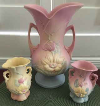 Vtg 3 Pc Set of Hull Art Pottery Vase Wildflower Design 10.  5 