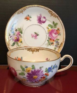 Antique Dresden Hand Painted Cup & Saucer Different Flowers Set K