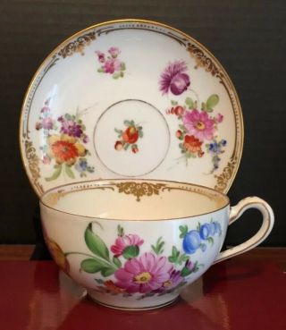 Antique Dresden Hand Painted Cup & Saucer Different Flowers Set J