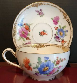 Antique Dresden Hand Painted Cup & Saucer Different Flowers Set I