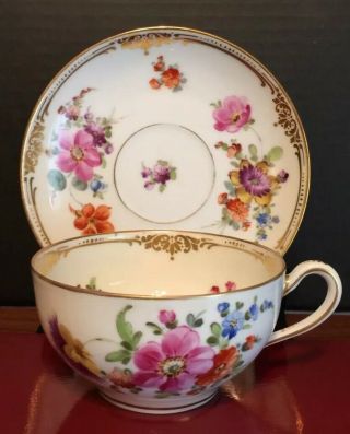 Antique Dresden Hand Painted Cup & Saucer Different Flowers Set H