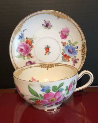 Antique Dresden Hand Painted Cup & Saucer Different Flowers Set E