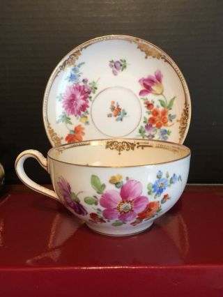 Antique Dresden Hand Painted Cup & Saucer Different Flowers Set D