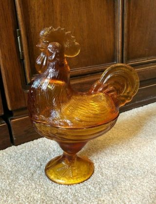 Rooster Vintage Amber Glass Candy Dish With Covered Lid