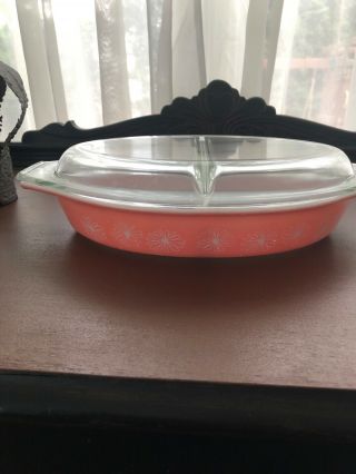 Vintage Pyrex Pink Daisy Divided Casserole Dish With A Lid