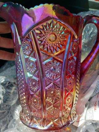 Heirloom Sunset Carnival Glass Iridescent Red Pitcher Vintage Indiana Glass 40oz