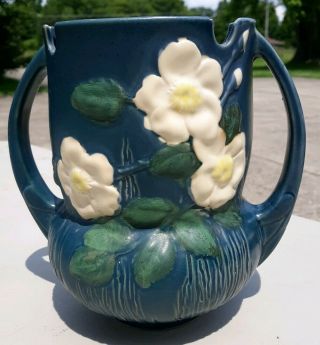 Vintage Roseville Art Pottery Blue Flower Vase 985 - 8 "