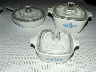 4 BLUE CORNFLOWER CORNING WARE CASSEROLE DISHES WITH LIDS,  7IN.  SKILLET LOOK 4